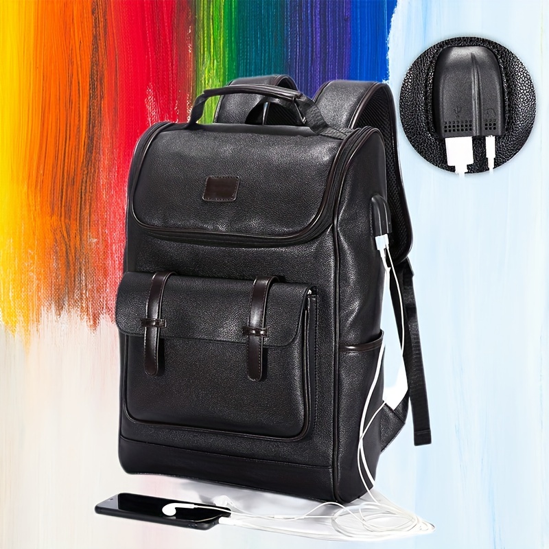 Mens New Pu Leather Backpack Computer Backpack Outdoor
