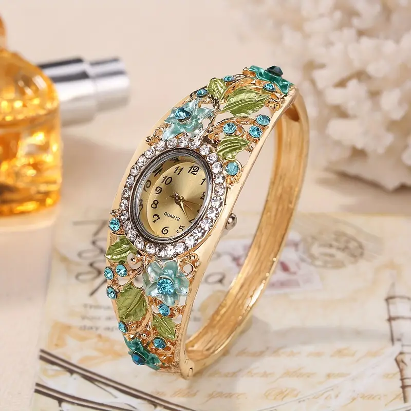 womens watch baroque flower rhinestone quartz cuff bangle watch oval pointer analog wrist watch 4pcs jewelry set gift for mom her details 0