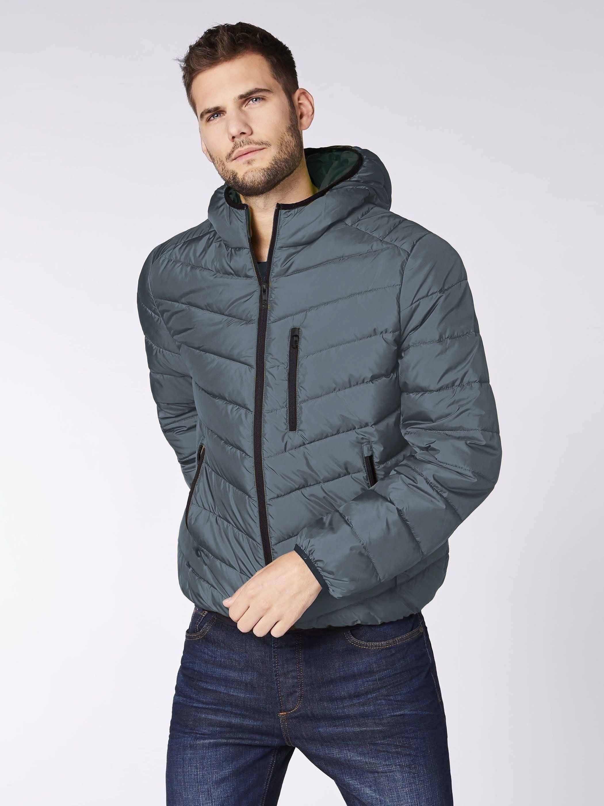 Men's Plus Size Solid Chevron Hooded Puffer Coat, Puffer Jacket, Down Jacket for Winter, Oversized Thick Padded Outwear for Big & Tall Males, Men's