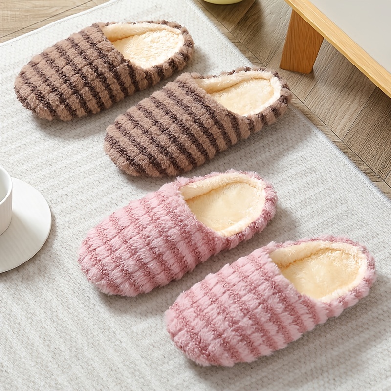 Women's Warm Plush Striped Print House Slippers, Slip-on Round Toe Anti-slip Soft Sole Casual Home Slides, Women's Indoor Flat Shoes