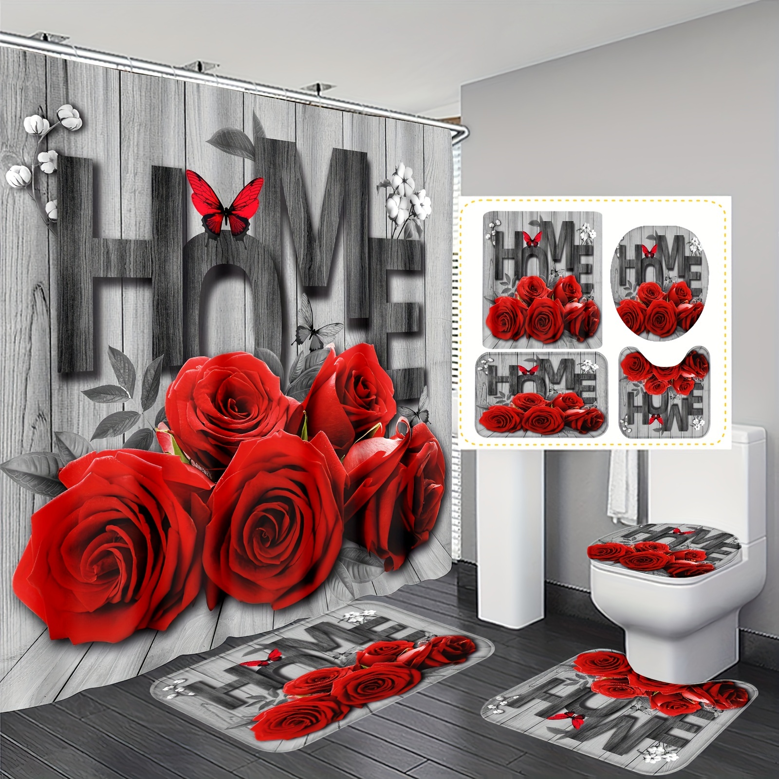 

1pc/4pcs And Polyester Bathroom Set, Water-resistant Floral Shower Curtain With 12 Hooks, 1.3" Non-slip Mats, U-shaped Bath Rug & Round Toilet Lid Cover, Machine Washable, Home Decor