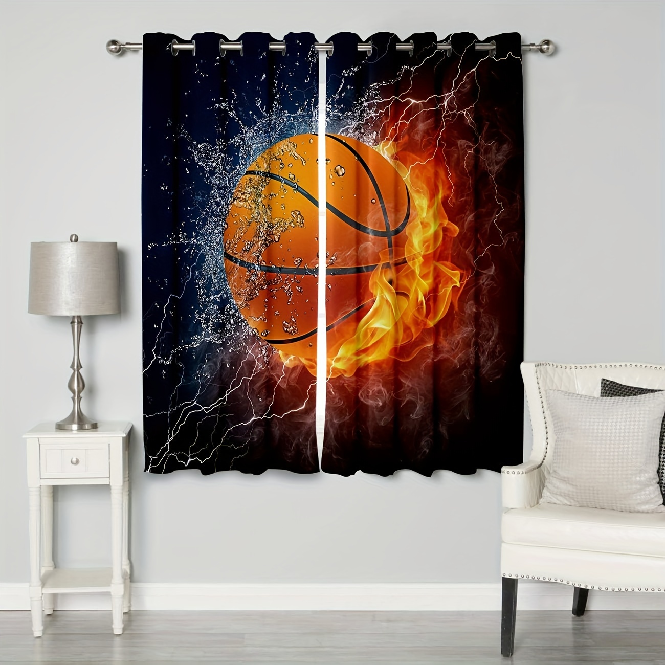 Coleção Sports Decor Futebol em chamas de fogo e água espirrando trovão  relâmpago abstrato impressão Cortinas para cortinas para sala de estar 2  painéis 1,40 x 1,60 m/Casal