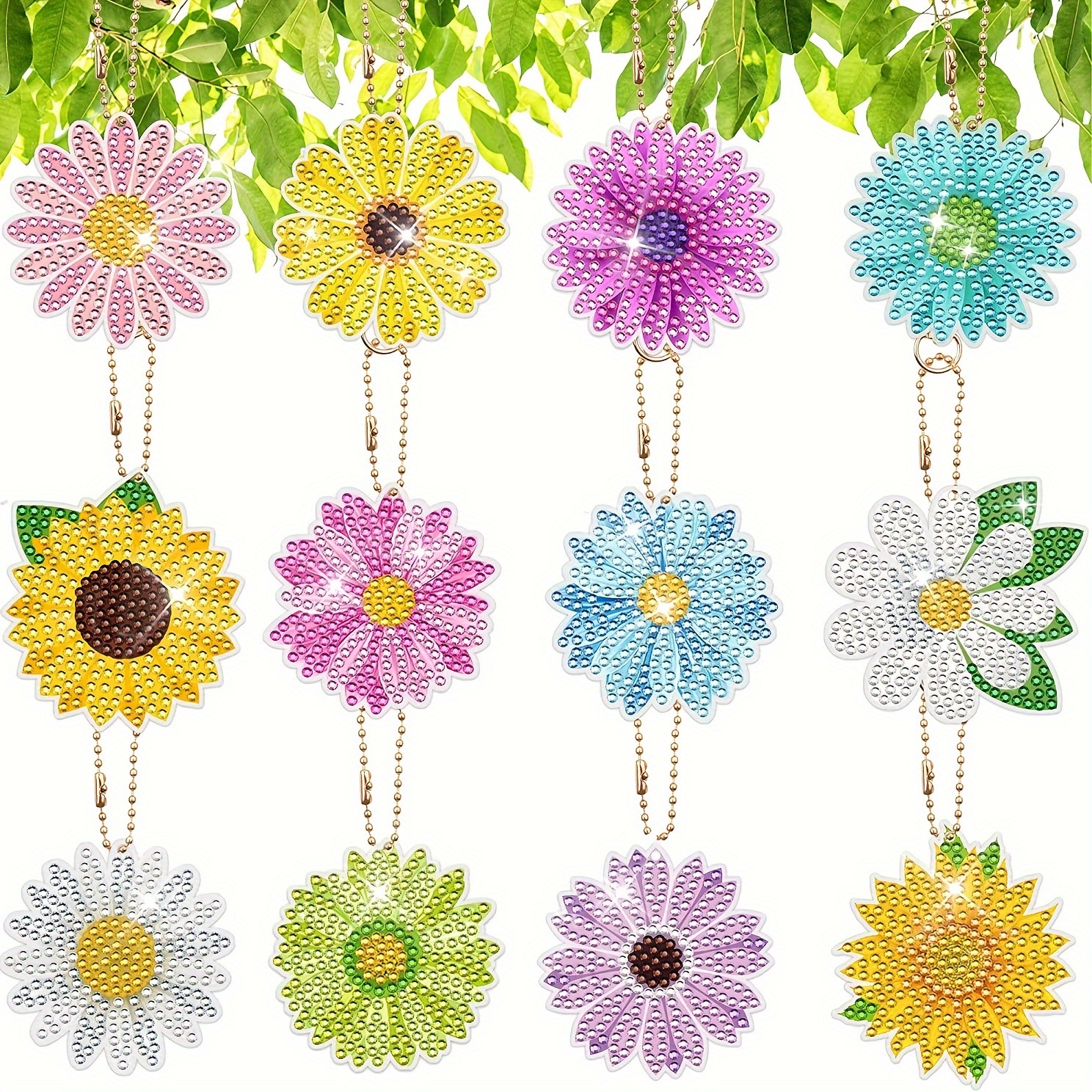 

12pcs Spring Flower Diamond Painting Keychain Daisy Sunflower Diamond Art Keyring Double Sided Full Diamond Keychain Colorful Flower Ornament For Diy Crafts Home Party Decoration
