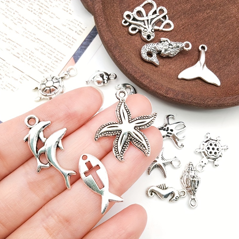 12pcs Mixed Antique Silver Sea Life Charms Marine Style Sea Animal Charms Little Mermaid Charms for DIY Jewelry Making Crafts Supplies Temu