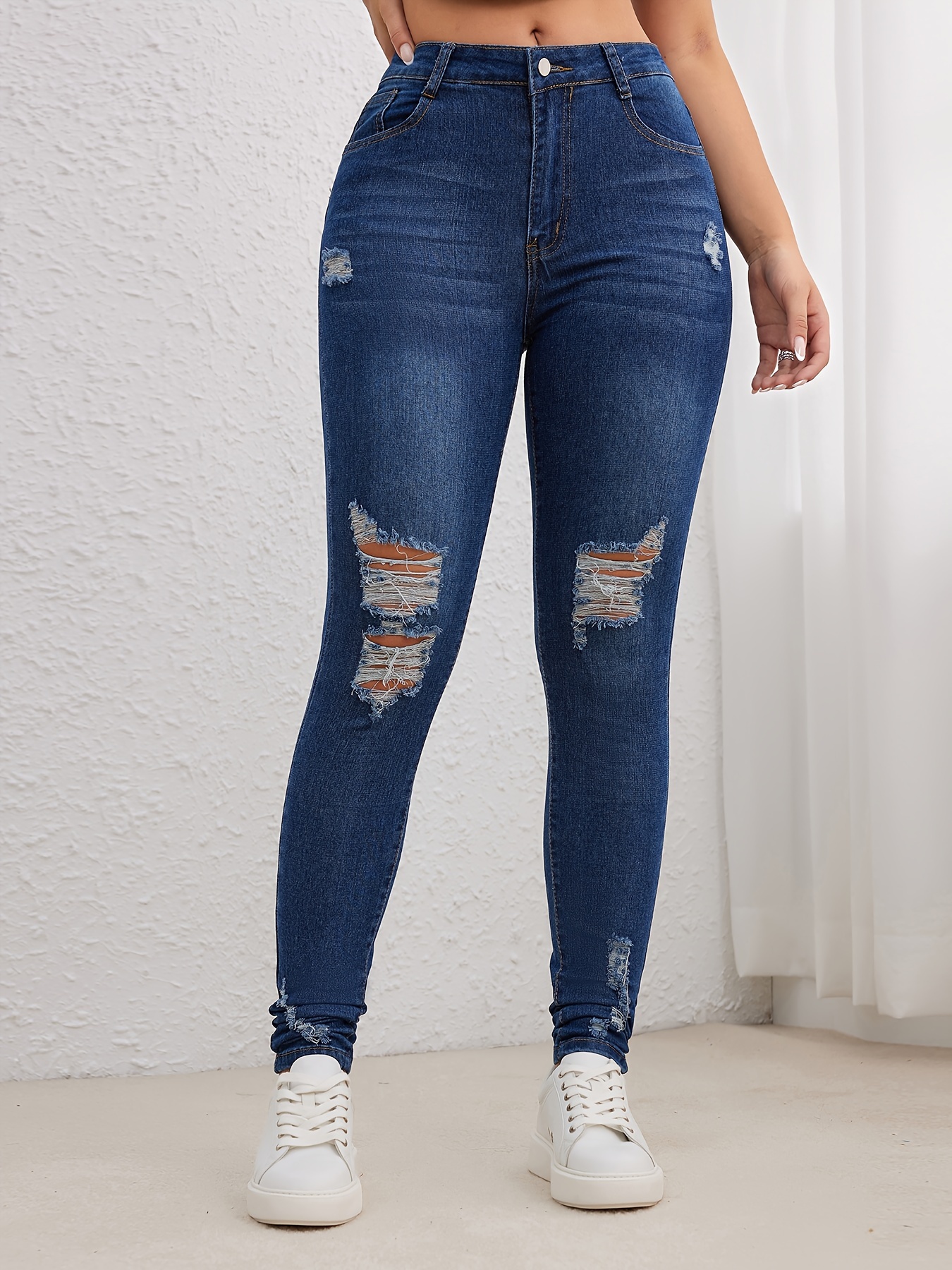 ABPHQTO Jeans sueltos de pierna recta rasgada azul cielo de tiro alto para  mujer