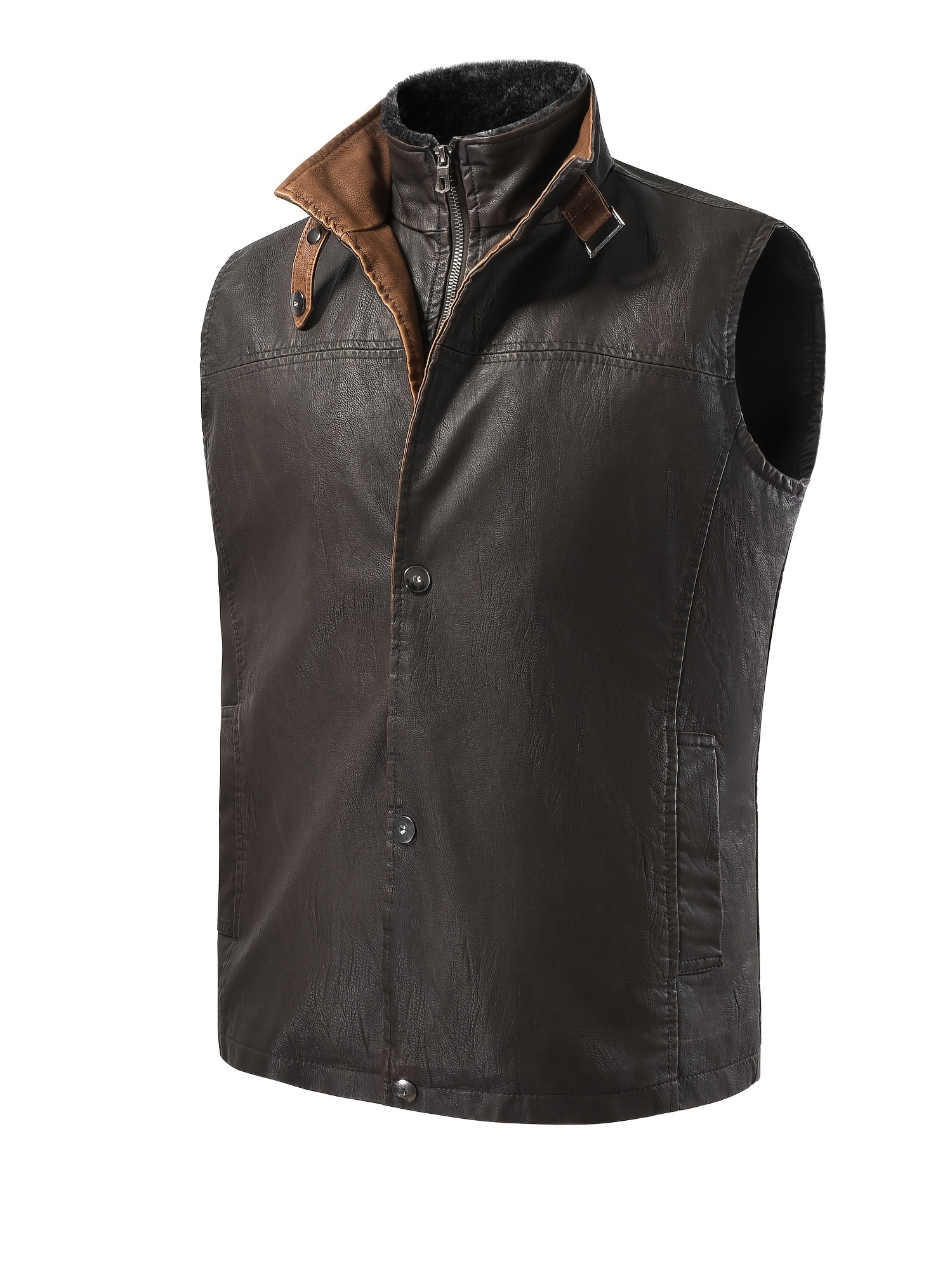 TVsæt privilegeret renere Men's Plus Size Faux Leather Plush Collar Zipper Vest Jacket, Oversized  Sleeveless Stand Collar Clothing For Big And Tall Guys - Temu