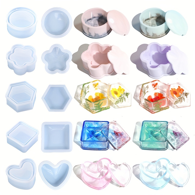 4 Pack Box Resin Molds Jewelry Box Molds Heart Shape /hexagon/round And  Square Epoxy Molds Containe