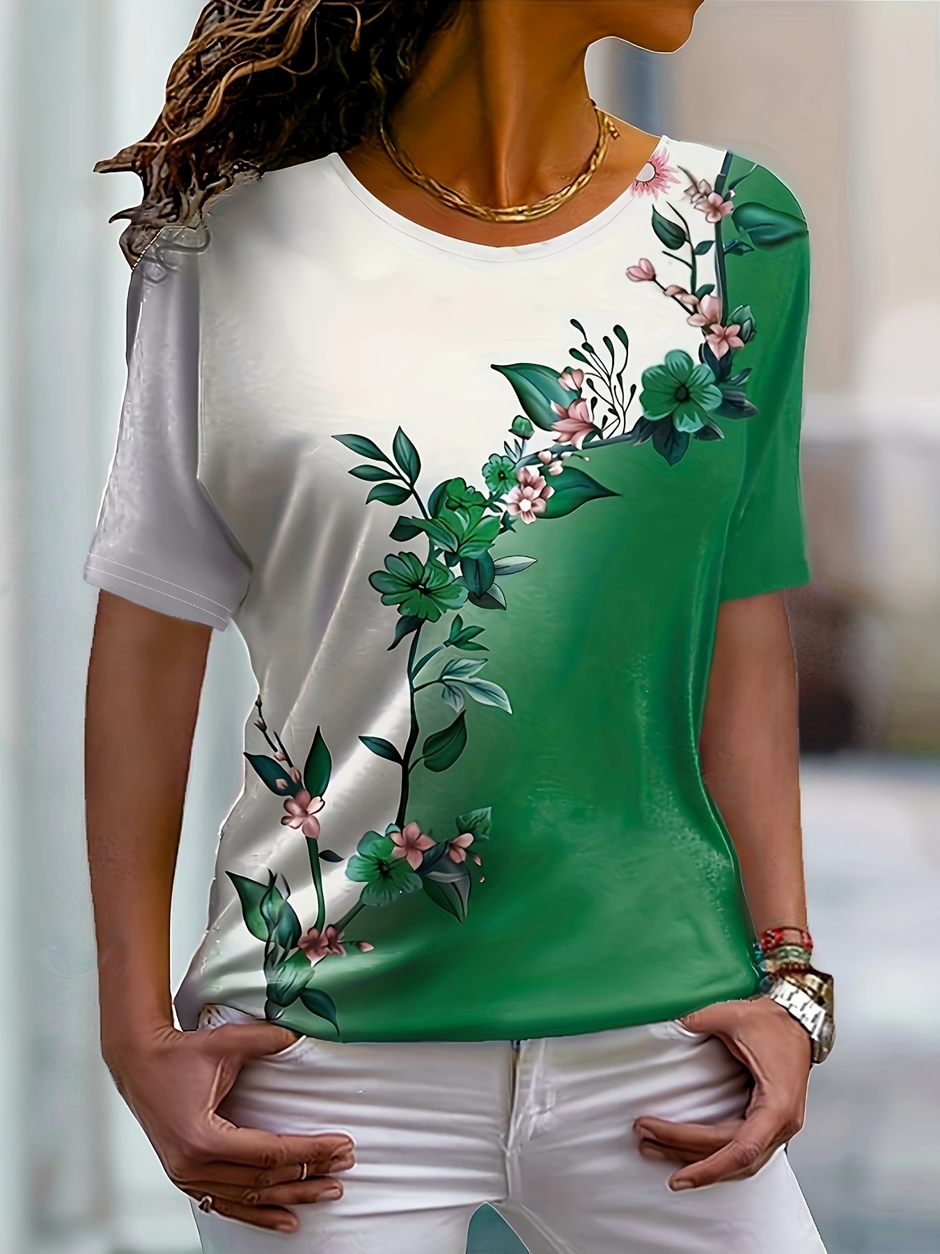 Floral Print Colorblock Crew Neck T shirt Casual Short - Temu