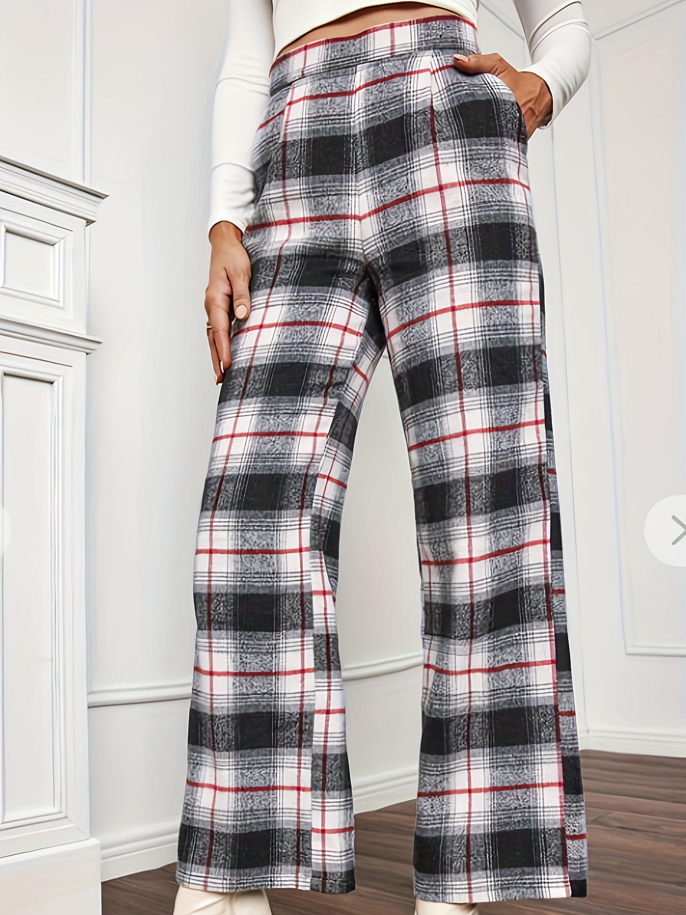 Plus Size Elegant Pants Women's Plus Plaid Print Elastic - Temu Canada