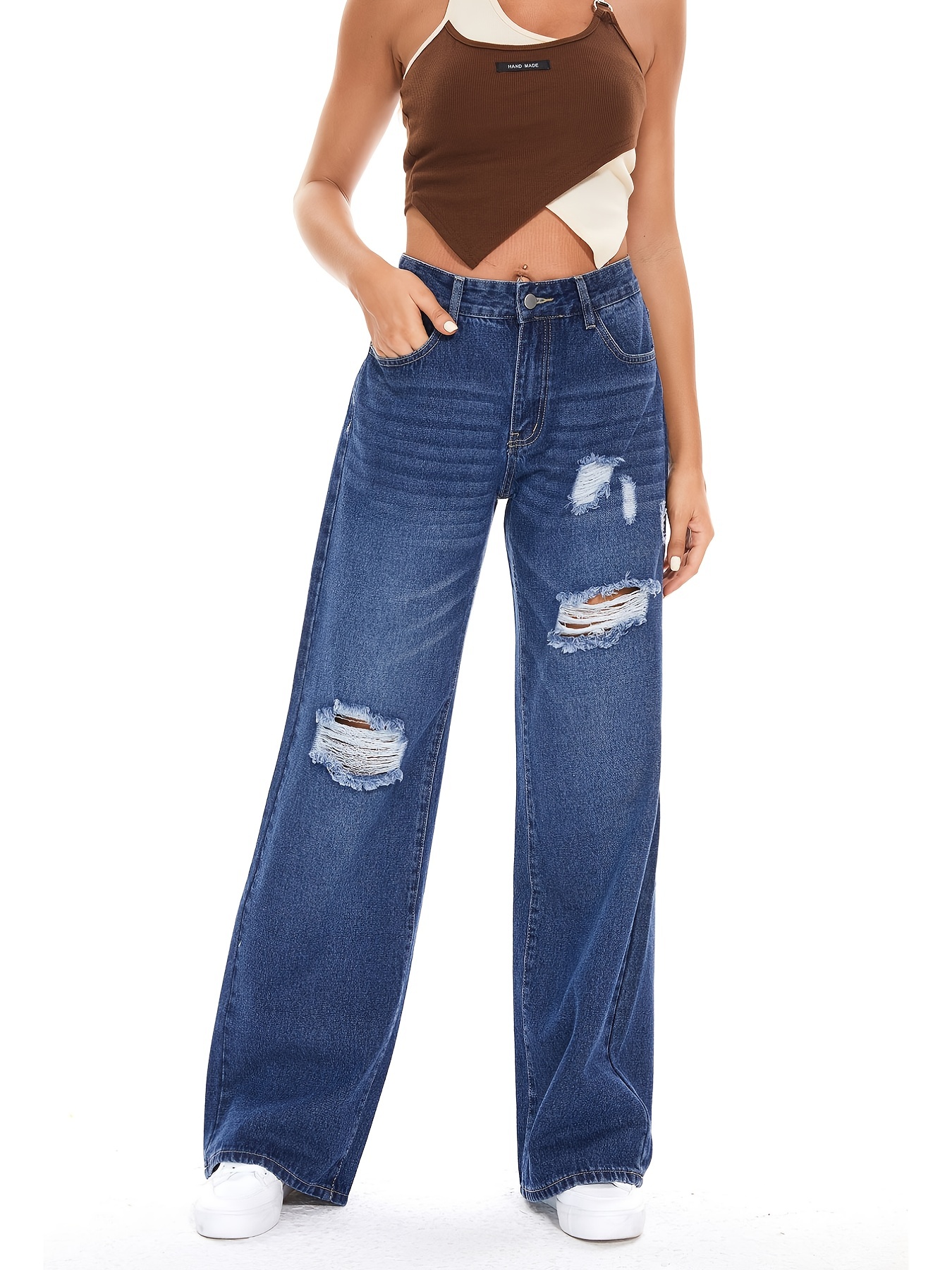 Ripped Straight Leg Loose Fit Jeans High Wide Legs - Temu