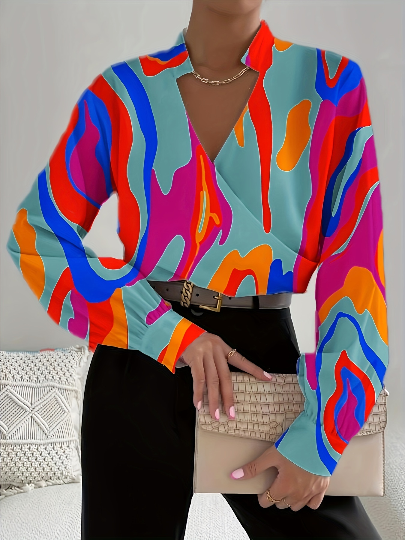 Блузка с V-образным вырезом и цветочным принтом, повседневная простая блузка с длинными рукавами, женская одежда
