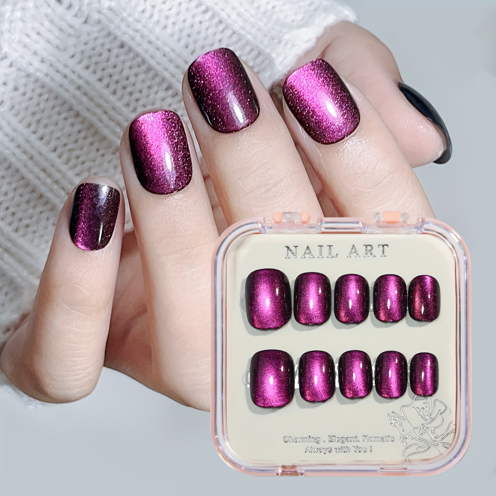 Glitter Purple French False Nail Short Square Press on Nails for Nails Art  24pcs