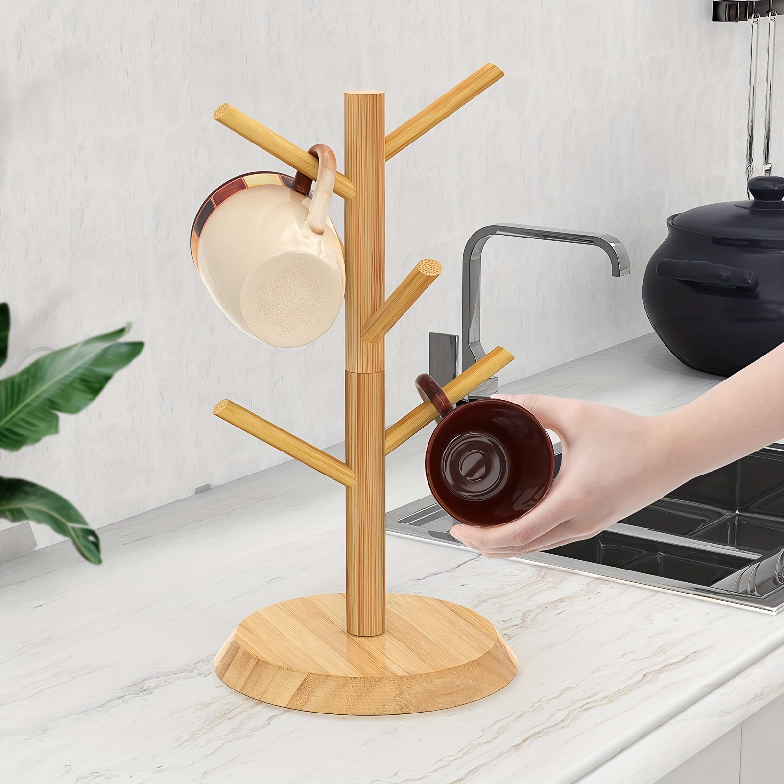 Solid Wooden Mug Holder Tree 6 Hooks Removable Stand Coffee - Temu