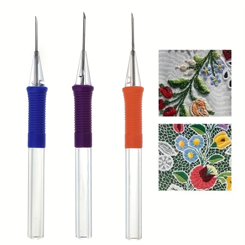 Punch Needles, 4Pcs Wooden Handle Embroidery Pens Punch Needle Set for  Embroidery Floss Cross Stitching Beginners