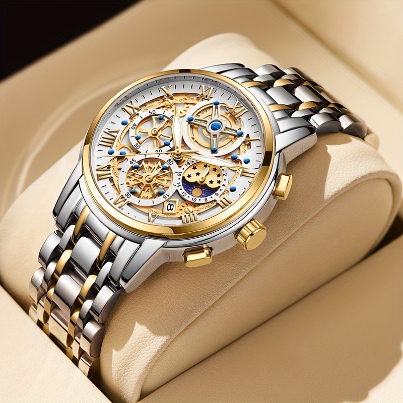 

Chronograph Skeleton Quartz Watch Men's Fashion Wr Business Leisure Analog Calendar Stainless Steel Wrist Watch Date Watch