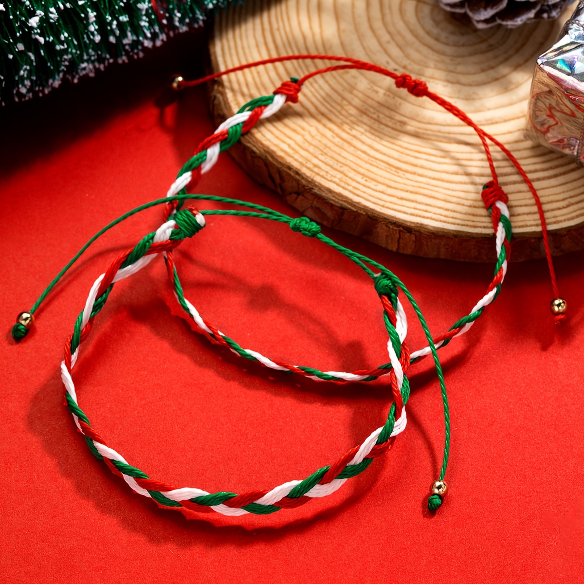 

2pcs Red White Green Braided Bracelet Set Adjustable Waterproof Wax Thread Braided Bracelet Set Xmas Gift