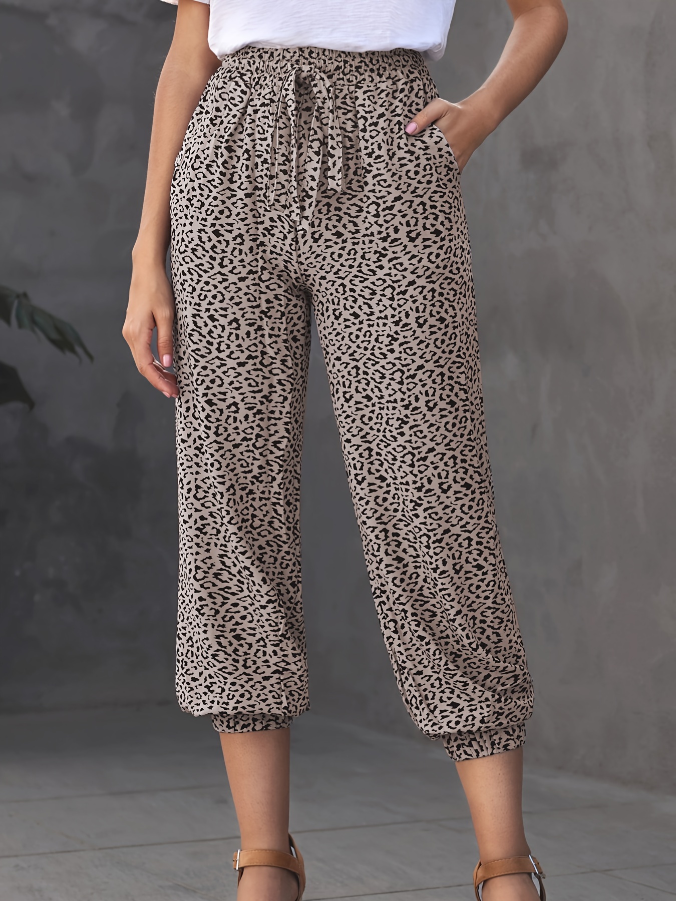 Leopard Print Drawstring Pants, High Waist Stretchy Pants, Casual Every ...