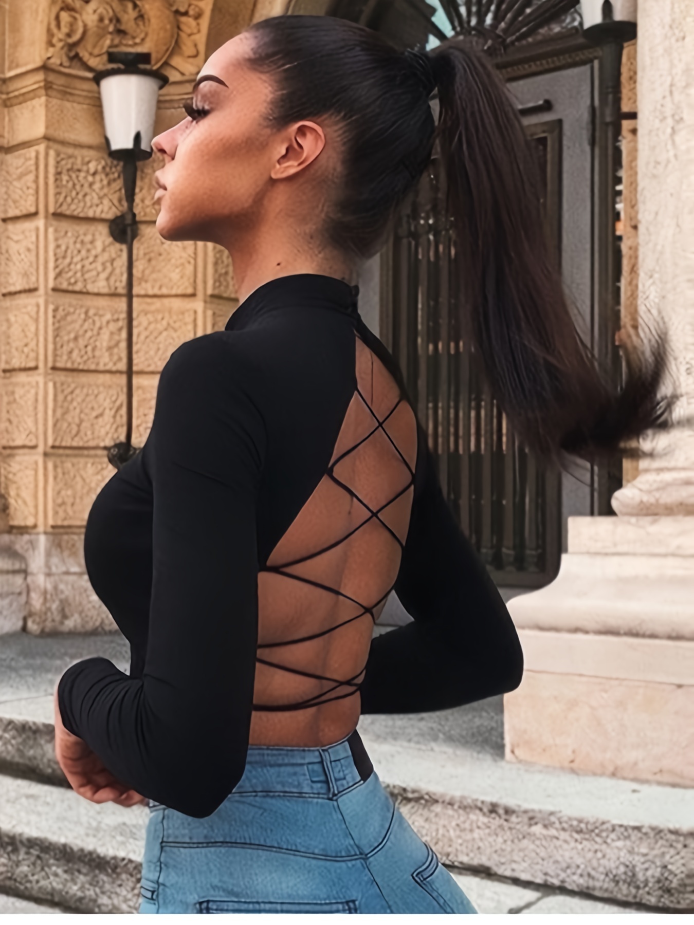 Sexy Backless Long Sleeve Lace T-shirt Tops
