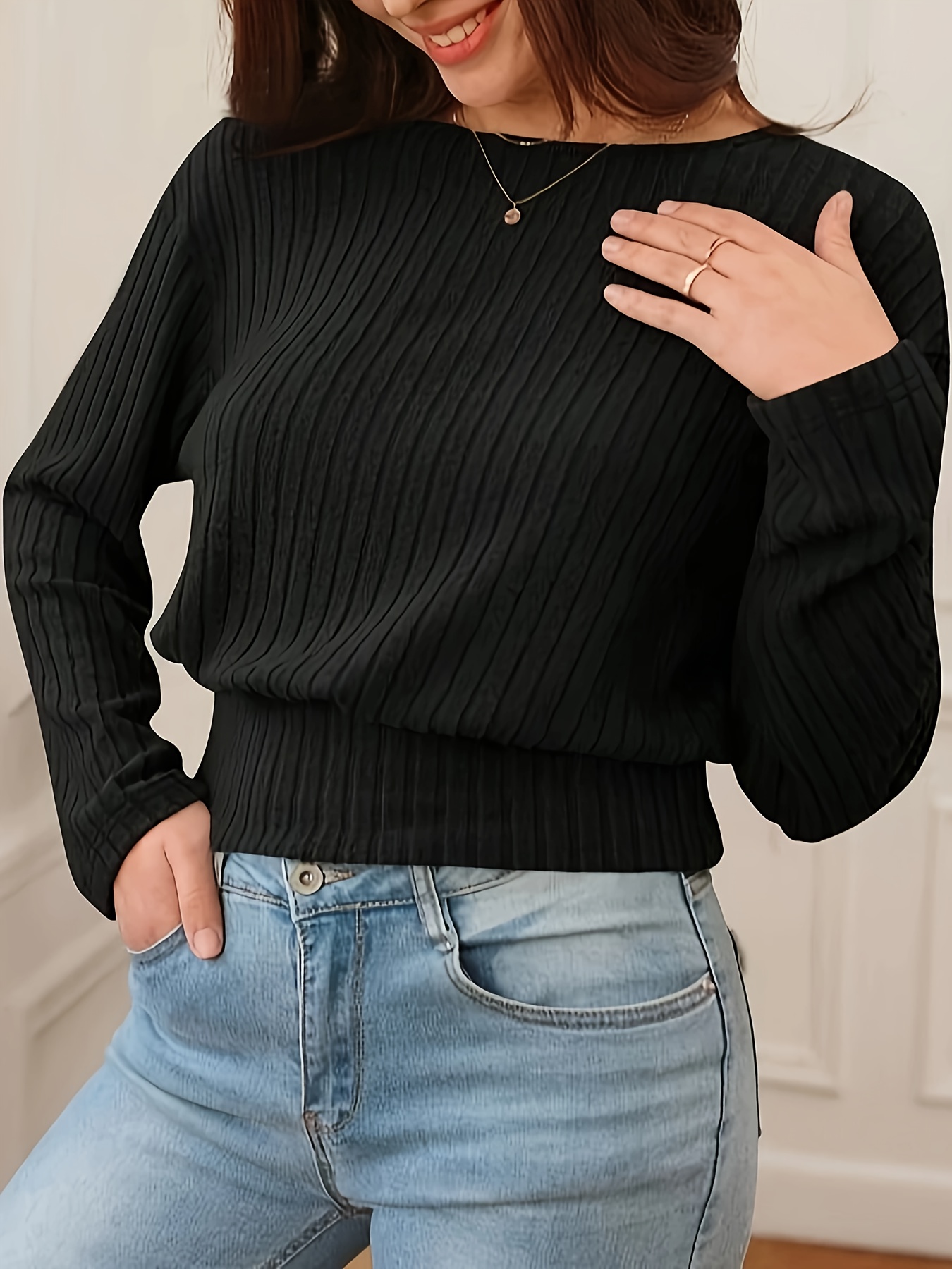 Ribbed Low Cut Neck T shirt Casual Long Sleeve Top Spring - Temu