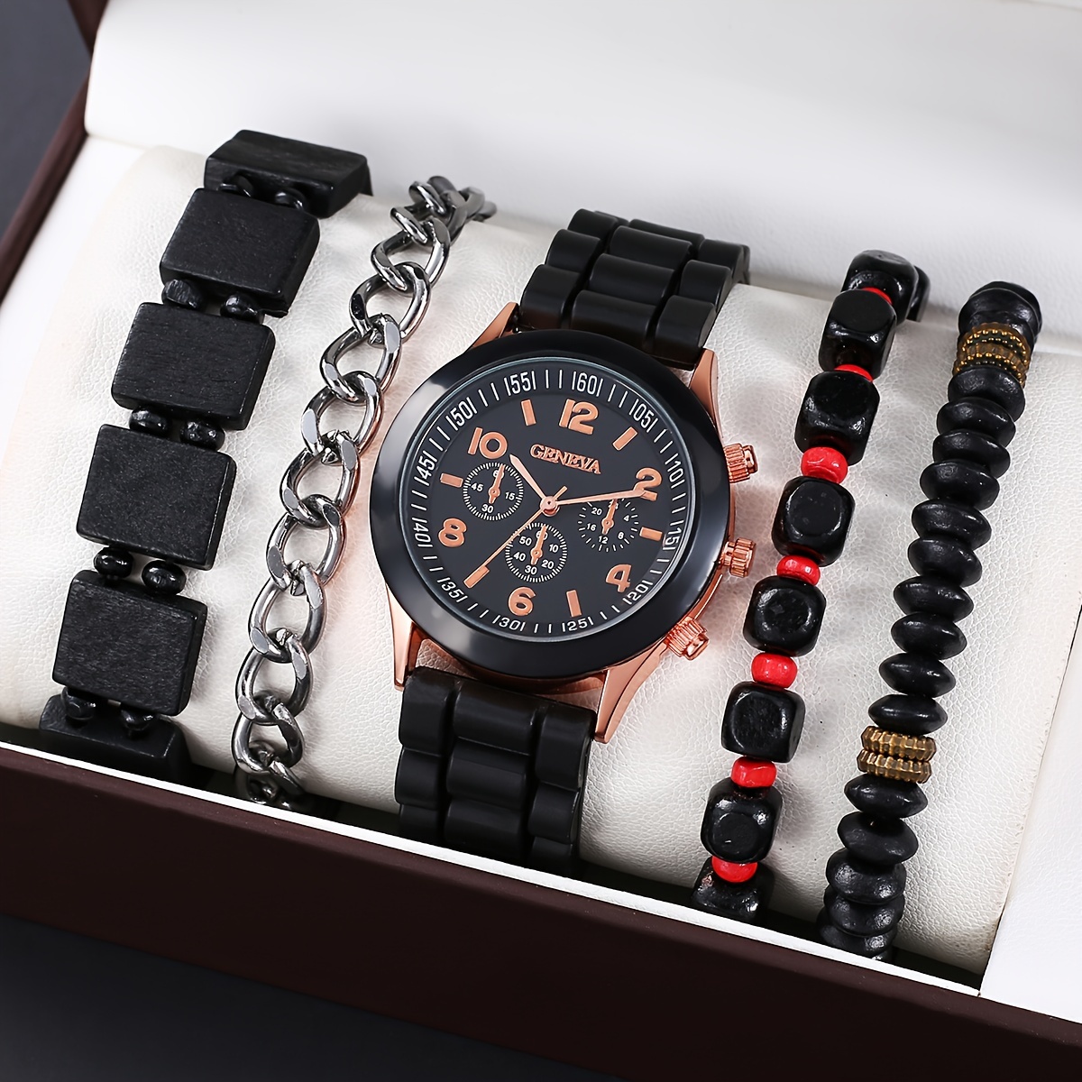 4pcs Set Mens Fashion Silicone Strap Watch 4pcs Bracelets Set