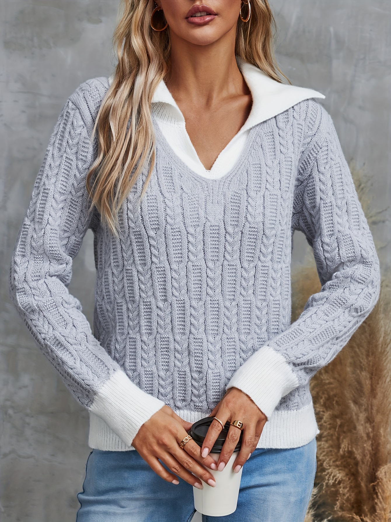 White v neck shop colour block cable jumper