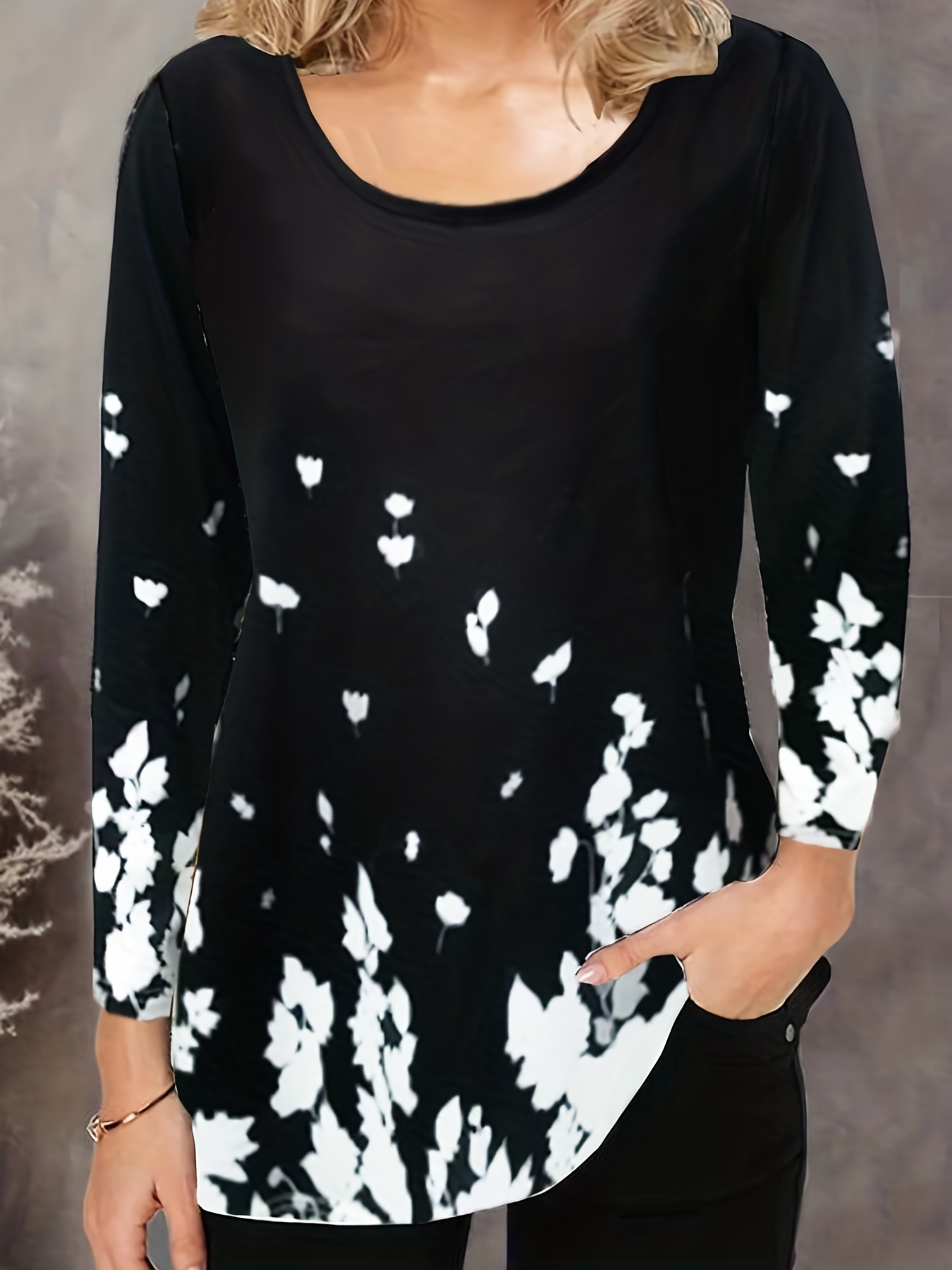 Plus Size Casual Top Women's Plus Floral Print Long Sleeve - Temu