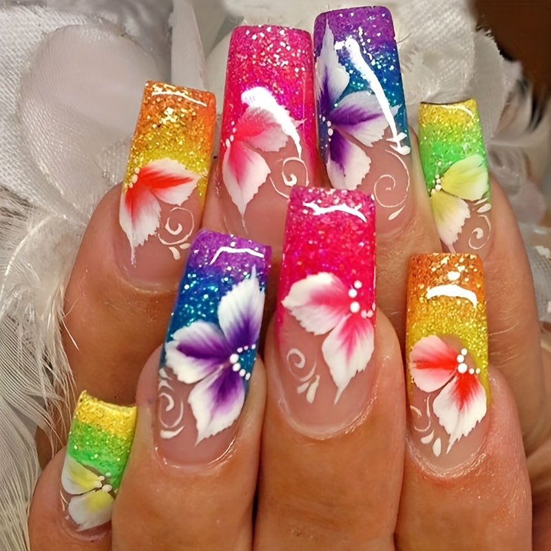 

24pcs/box Spring Rainbow Color Series Floral Press On Nails Sparkling False Nails Long Ballet Fake Nails Sweet Cool Acrylic Nails With Jelly Glue And Nail File