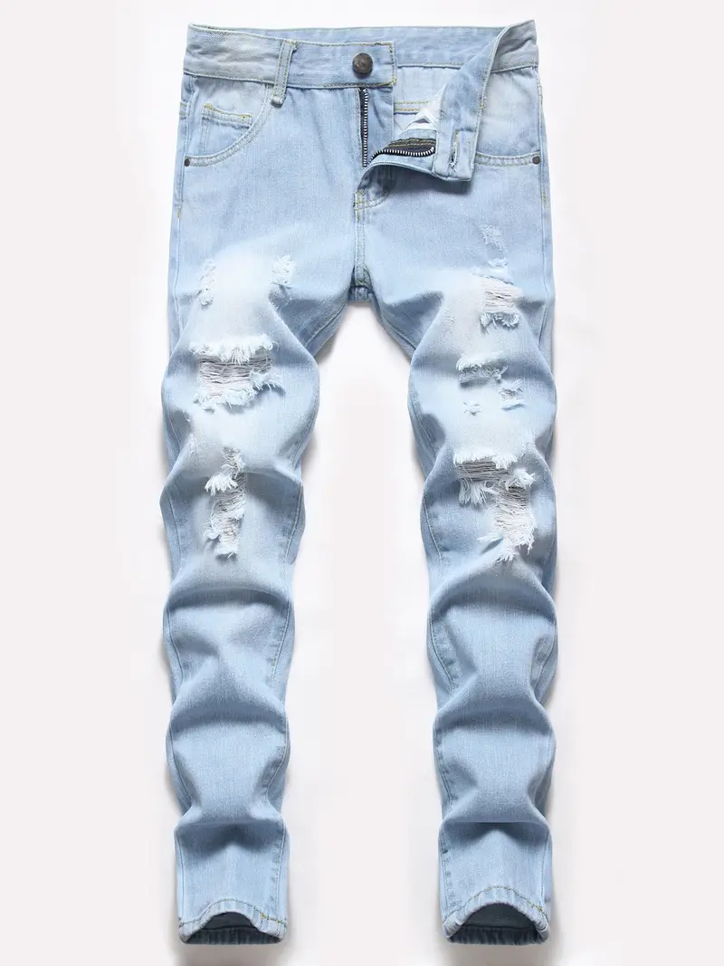 Boys Light Blue Ripped Distressed Jeans Skinny Slim Fit Washed Denim Pants  Kids Clothes