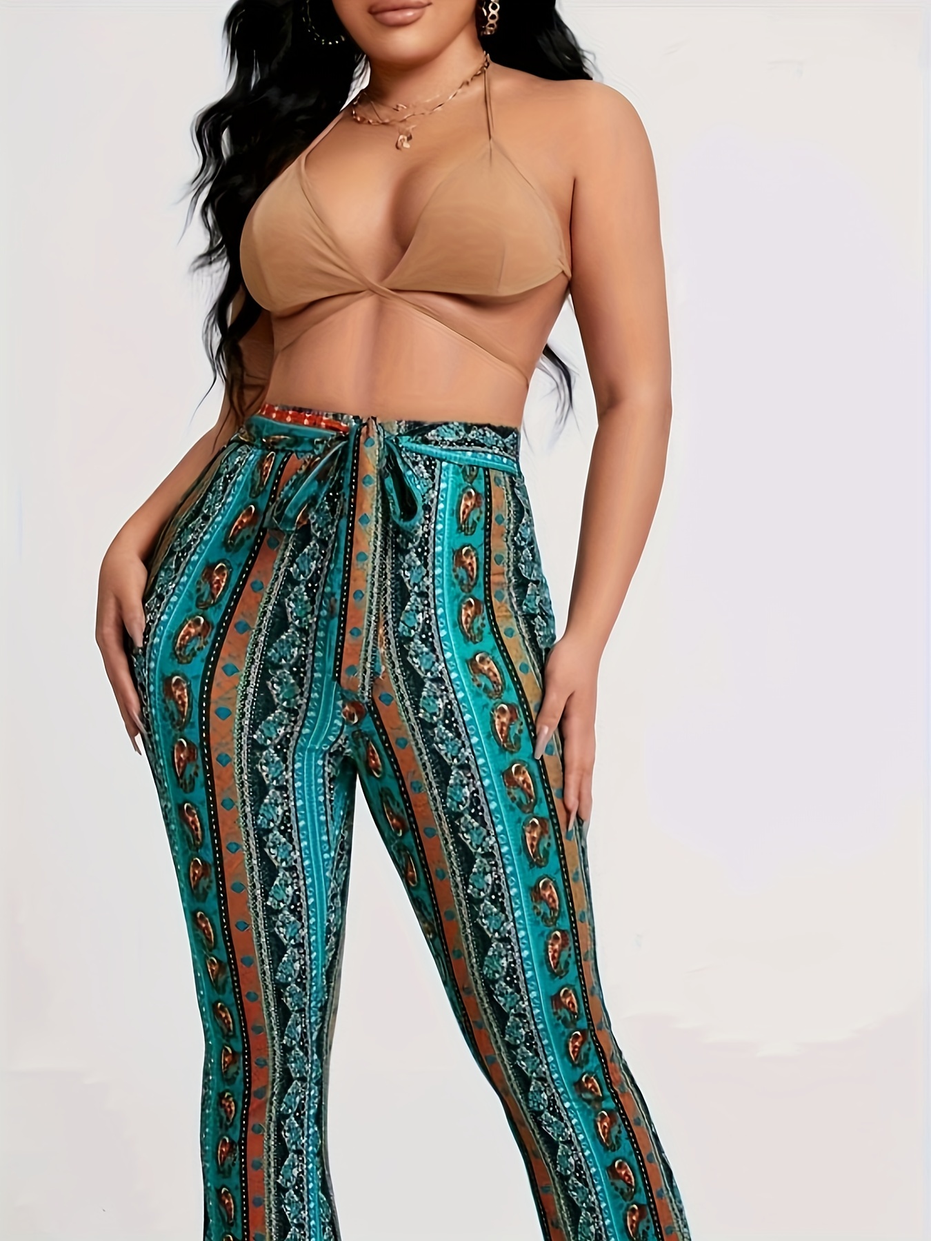 Graphic Print Flare Leg Pants, Boho Slim Pants For Spring & Fall, Women's  Clothing