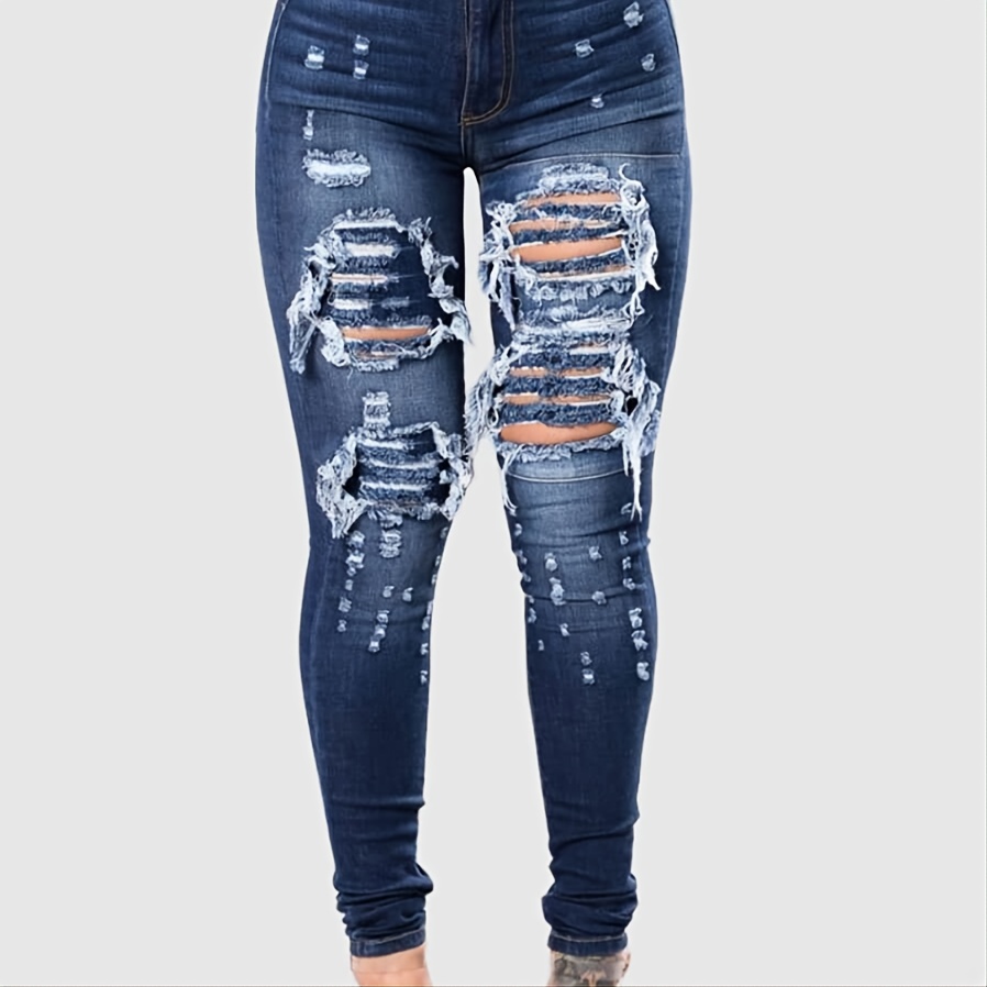 Solid Ripped Washed Denim Jeans, Women's Blue Skinny Distressed Denim ...