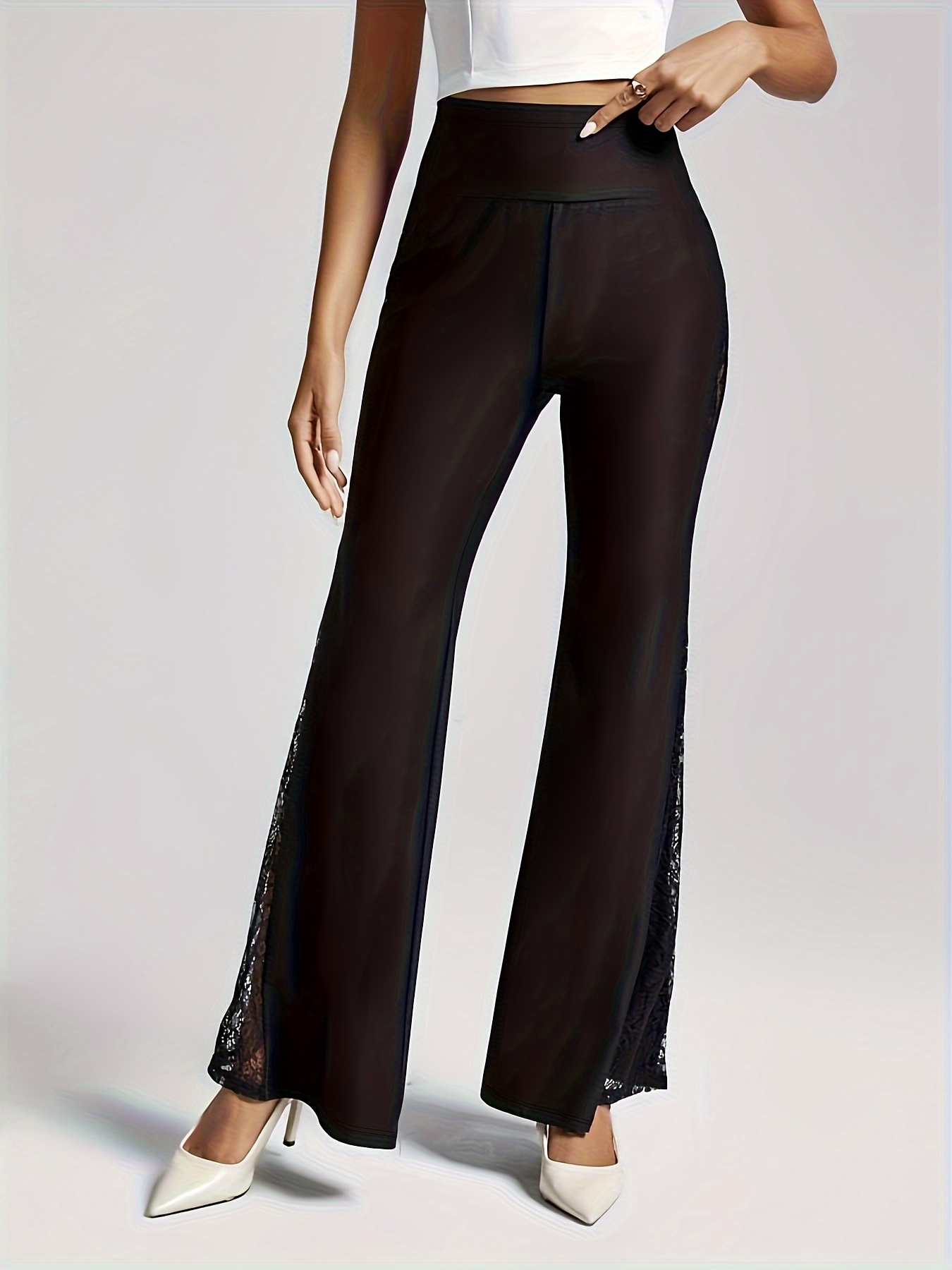 Plus Size Elegant Pants Women's Plus Solid Contrast Lace - Temu Canada