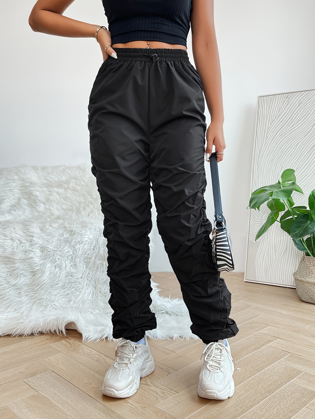 Drawstring Solid Ruched Joggers Casual High Waist Pants - Temu
