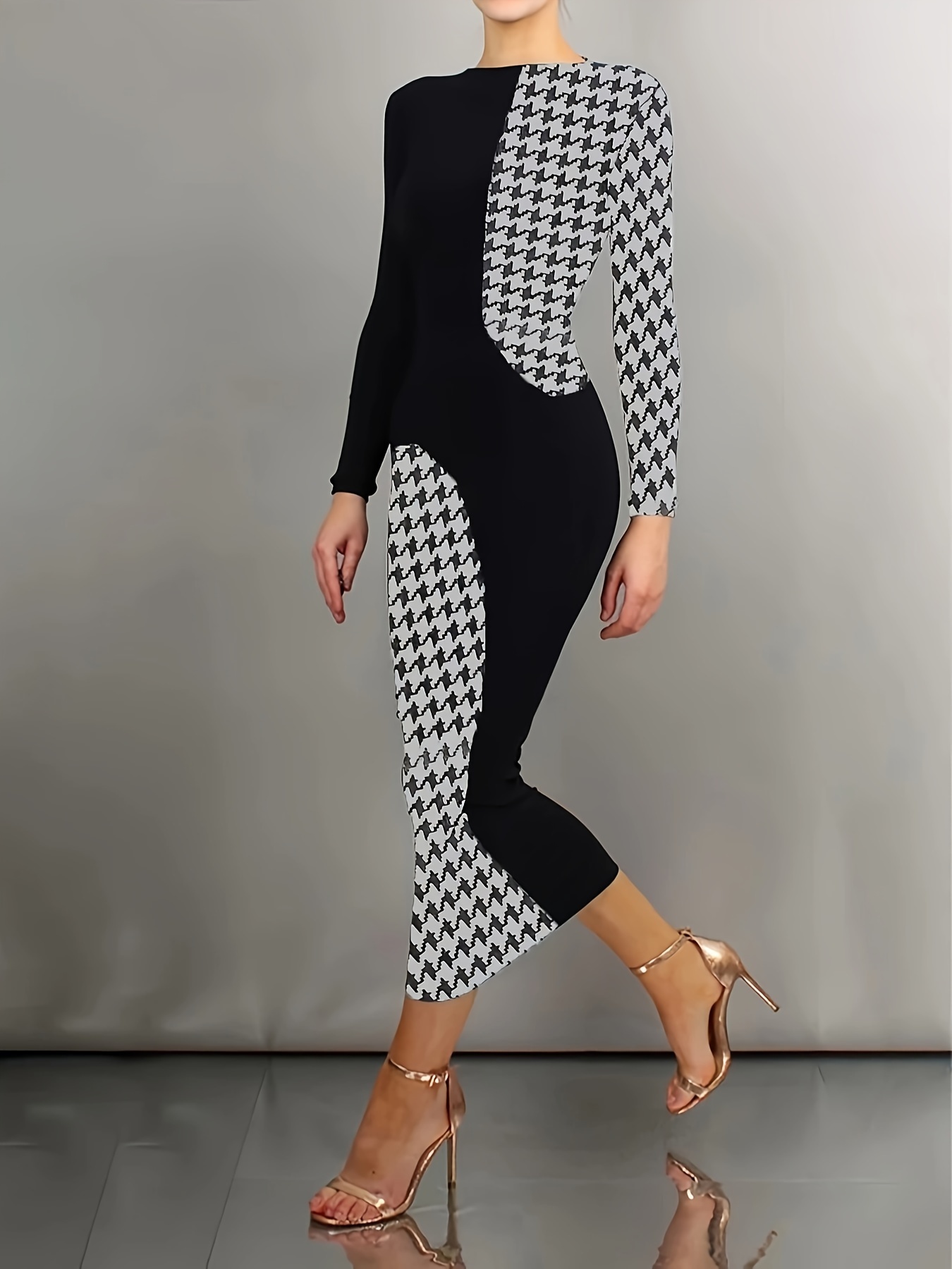 Women's Casual Suit Set Plus Size Colorblock Houndstooth - Temu