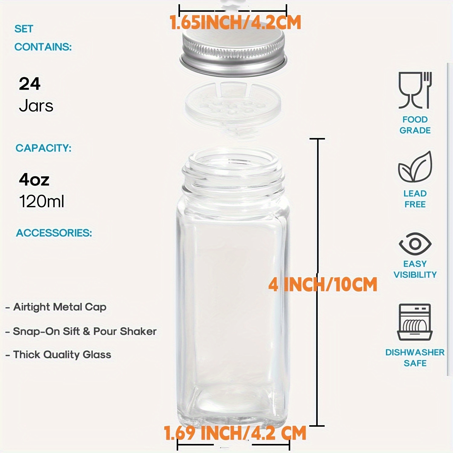 Aozita 24 Pcs Glass Spice Jars/Bottles - 4oz Empty Square Spice