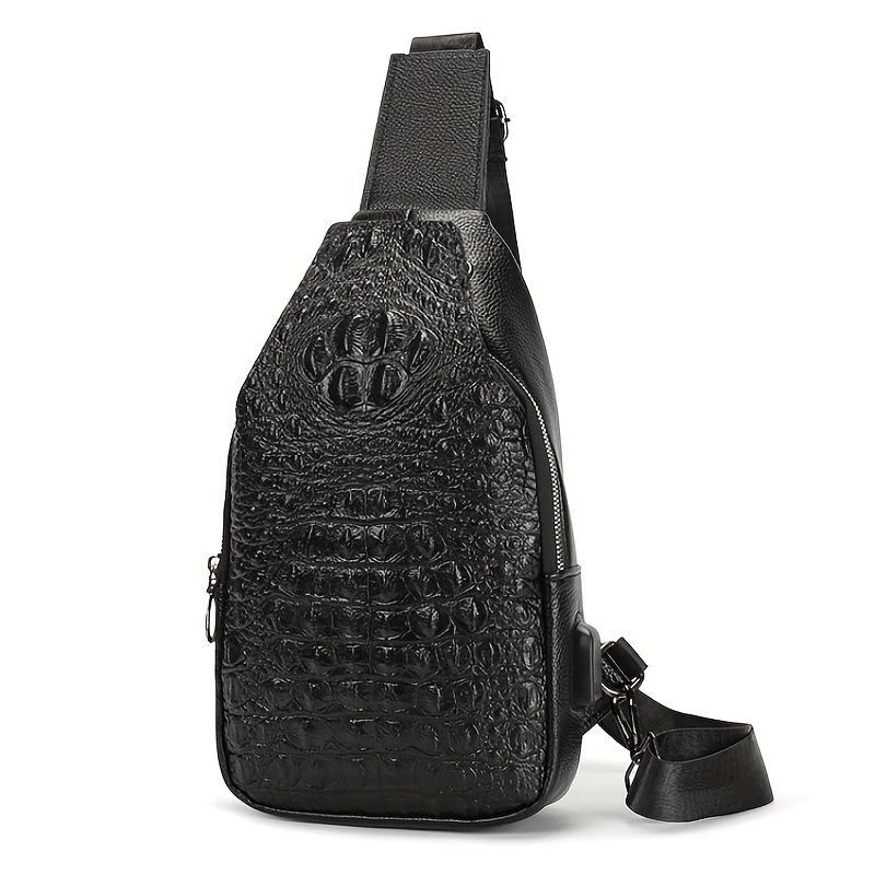 Men's Crocodile Pattern Casual Chest Bag With Earphone Hole Outdoor Leather Shoulder  Bag, Multifunctional Travel Crossbody Bag - Temu