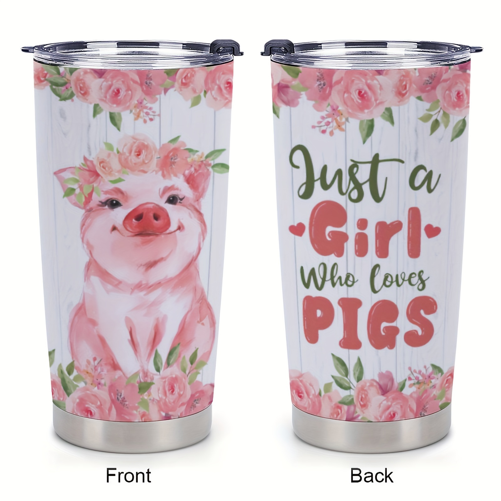 Pig Tumbler with Lid and Straw- Cute Pig Gifts for Pig Lovers- Pink Kawaii  Pig Cup, Coffee Mug, Skinny Tumbler, Water Bottle- Metal Thermal Insulated