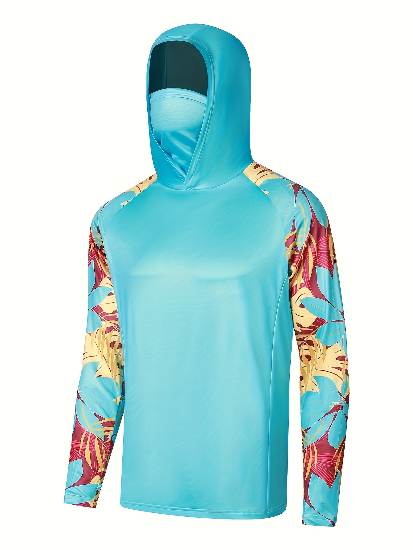 Men's UPF 50+ Sun Protection Hoodie with Mask, Leaf Pattern Long Sleeve Comfy Quick Dry Tops for Men's Outdoor Fishing Activities,Temu
