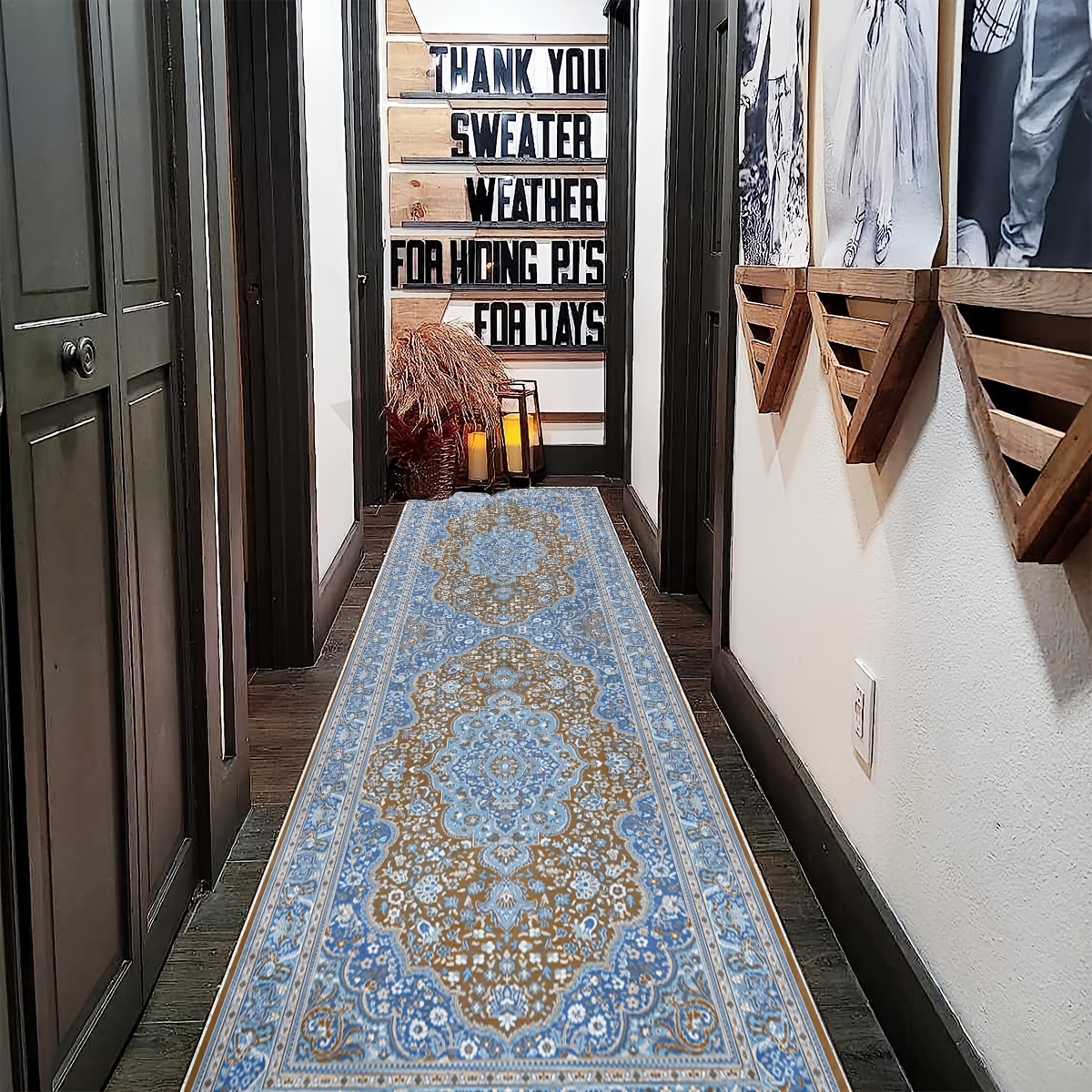  Alfombras de pasillo de 6, 7, 12, 14, 20, 21 pies, alfombra  tradicional tribal antideslizante para interiores con borde azul, alfombra  larga lavable para cuarto de servicio, cocina (tamaño 2 x
