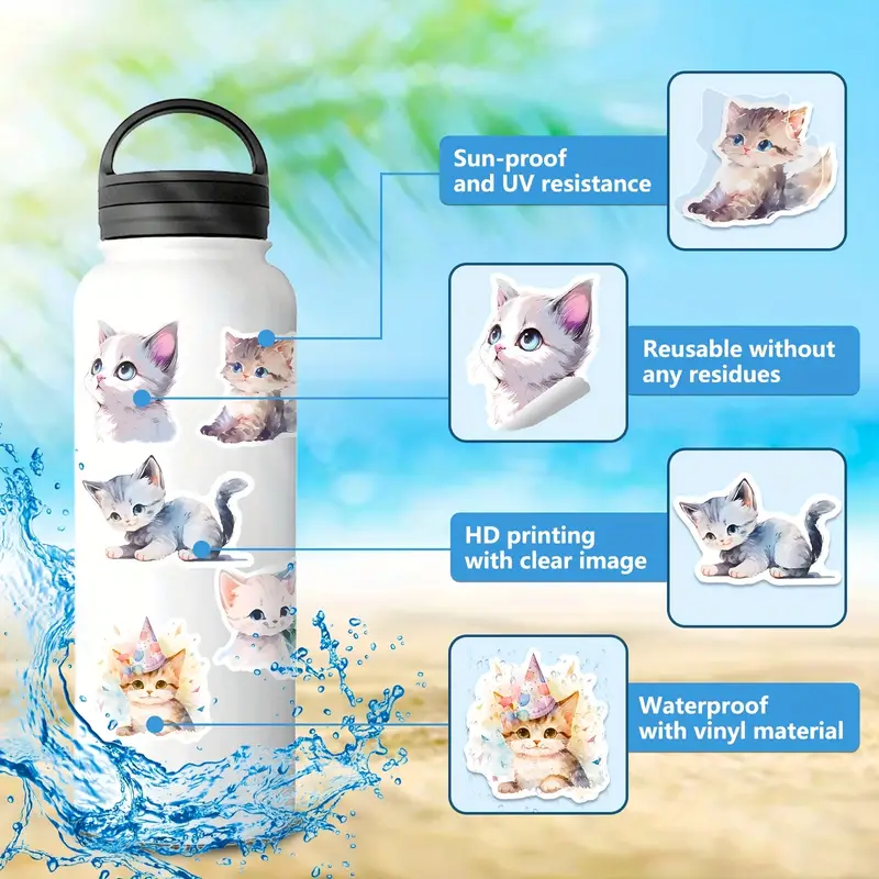Cute Cat Stickers, Kawaii Waterproof Stickers For Water Bottle