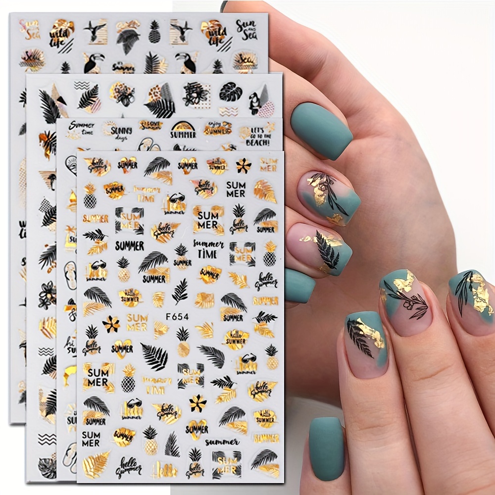 

4 Sheets 3d Nail Art Stickers With Golden And Black Leaves And Flame Bird Design - Self-adhesive Nail Decals For Women And Girls - Diy Nail Art Kit