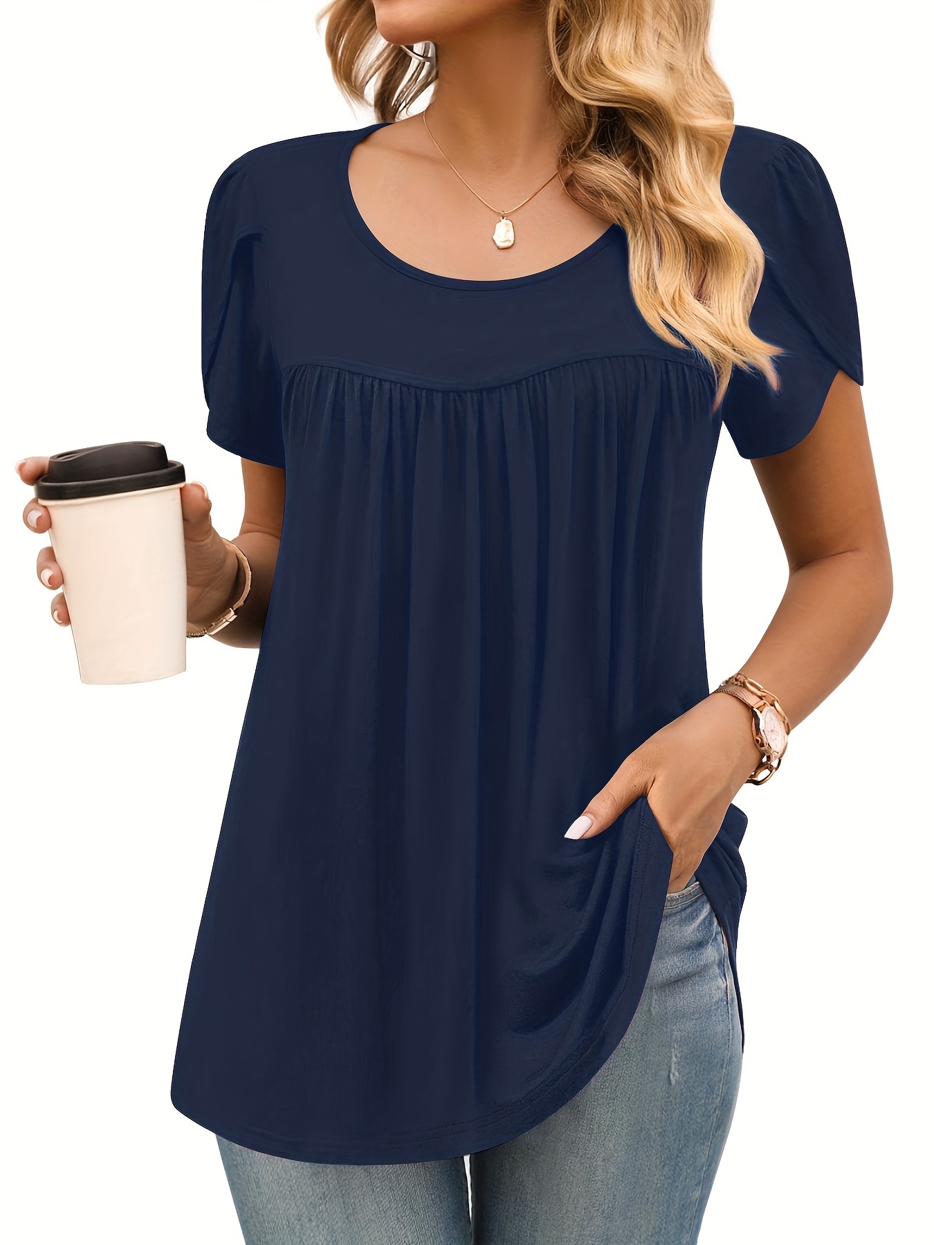 Solid Pleated Crew Neck T shirt Casual Petal Sleeve Top - Temu Canada