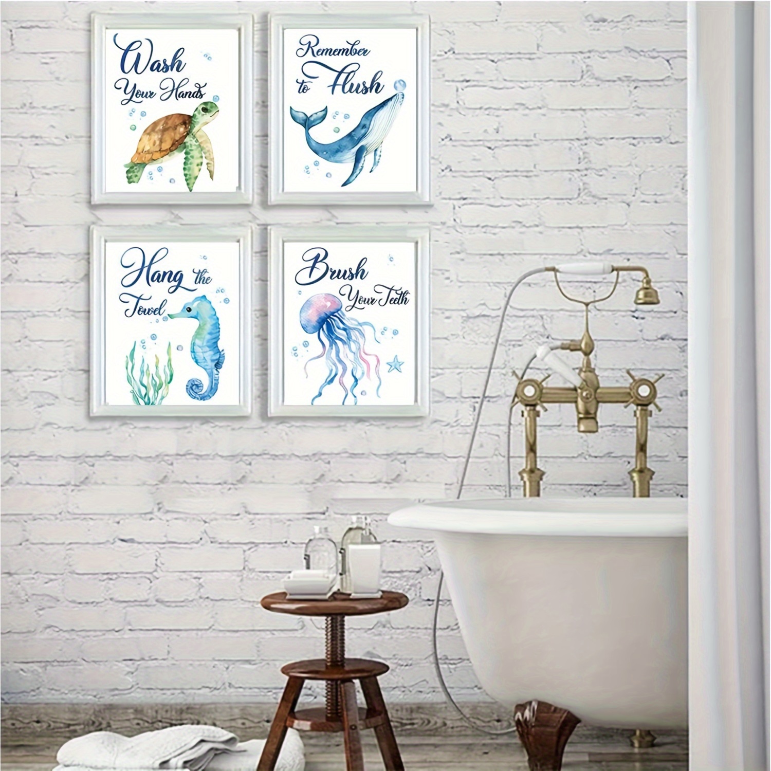 Sea Horse Painting, Blue Ocean Decor Sea Turtle Watercolor, Oceanic Life  Poster, Jellyfish Turquoise Art Star Fish Artwork Print Set of 4 -   Canada