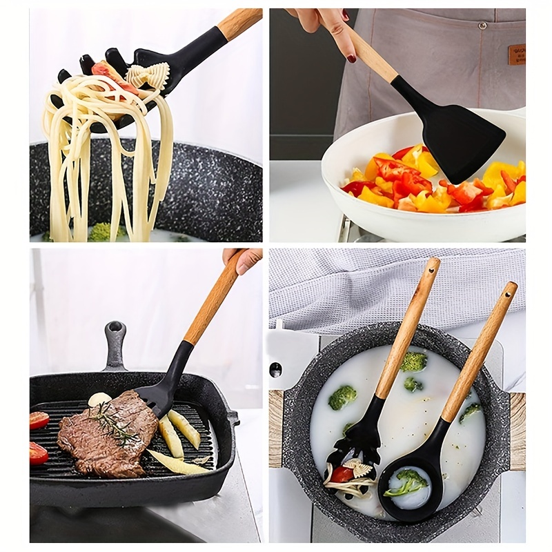 Silicone Kitchen Utensils With Wooden Handle Including And - Temu