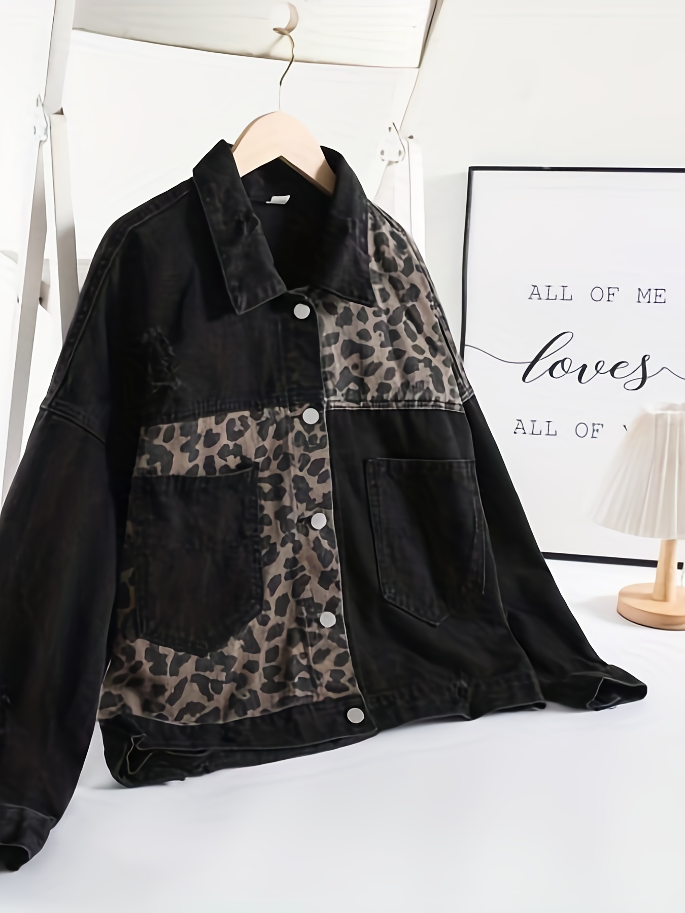 Leopard Print Denim Jackets, Long Sleeves Street Style Lapel Denim Coats,  Women's Denim Clothing