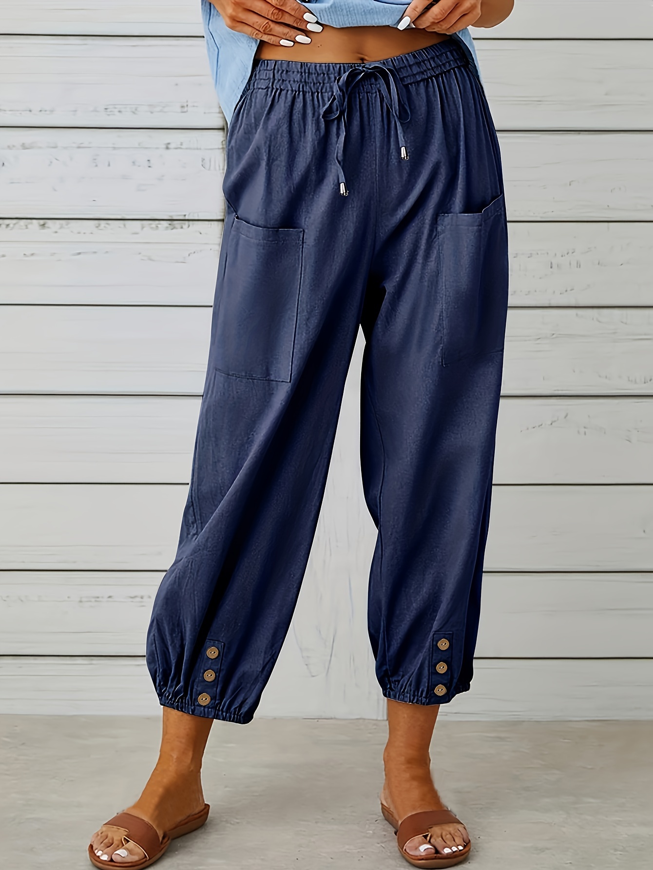 Casual Solid Capri Pants Elastic Waist Buttons Pants Pocket - Temu