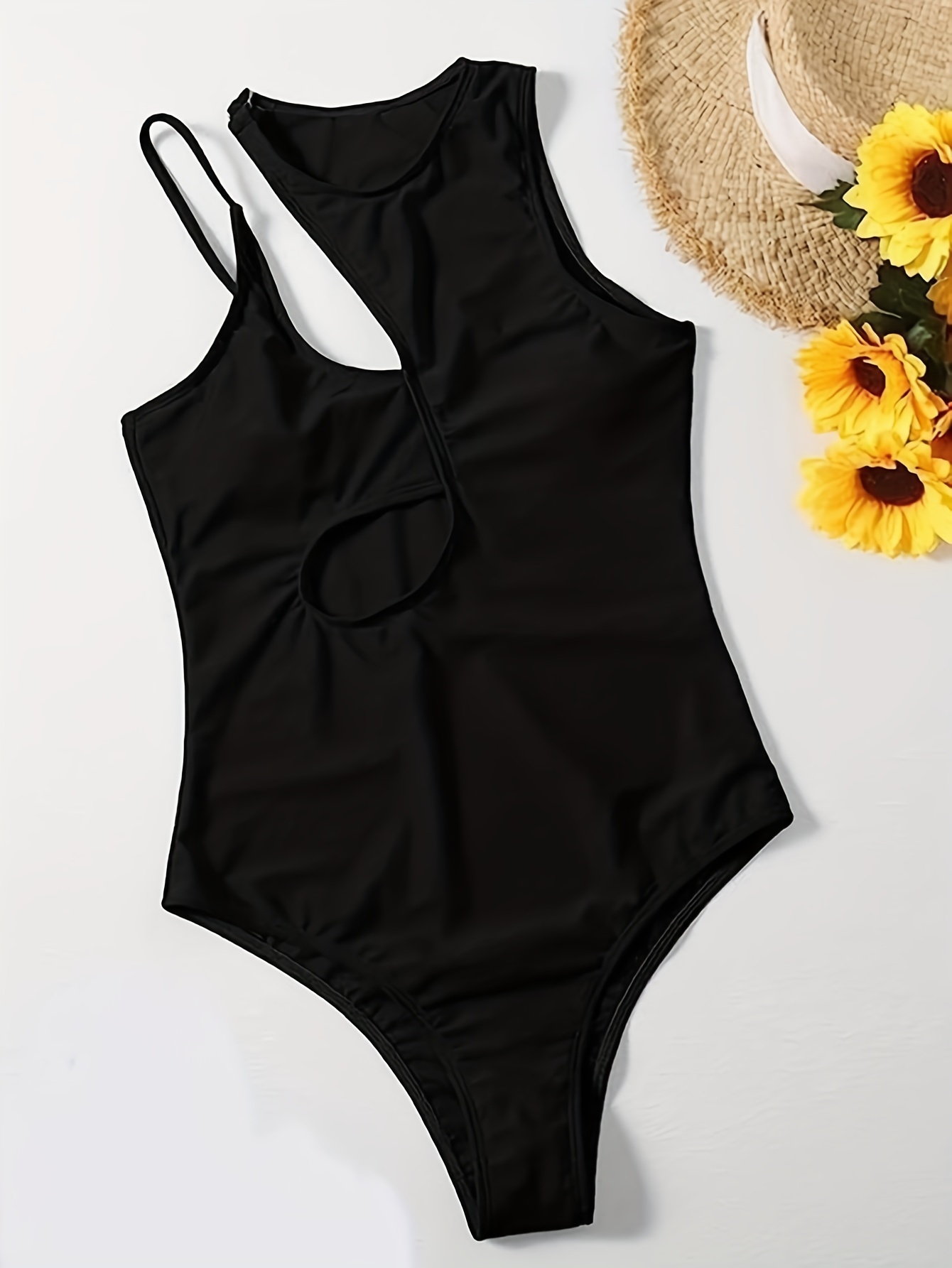 Asymmetric Cut One Piece Stretchy Swimsuit Solid Black High - Temu