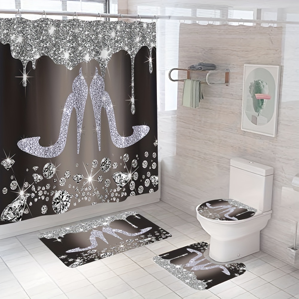 Sparkling Diamond Pattern Shower Curtain Set, Black Bathroom Set With  Shower Curtain & Mats, Colorful Modern Bathroom Waterproof Curtain With 12  Hooks,, Bathroom Accessories - Temu