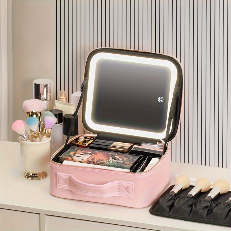 

Trendy Divider Cosmetic Box With Light Up Mirror, Portable Toiletry Finishing Box With Adjustable Dividers, Perfect Travel Makeup Storage Case