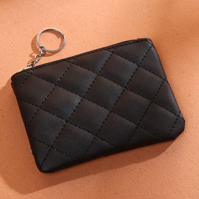 Solid Color Slim Coin Purse, Quilted Zipper Wallet with Rhombus Patten, Clutch Bag with Keyring,Women Wallet,Temu