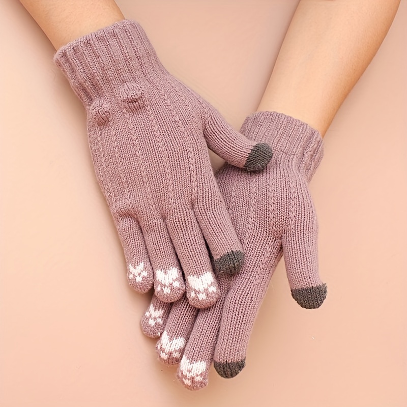 Cute Kitty Fish Bone Pattern Winter Warm Touch Screen Gloves Women Stretchy Knitting Mittens Full Finger Gloves Female Ladies Knitted Winter Gloves